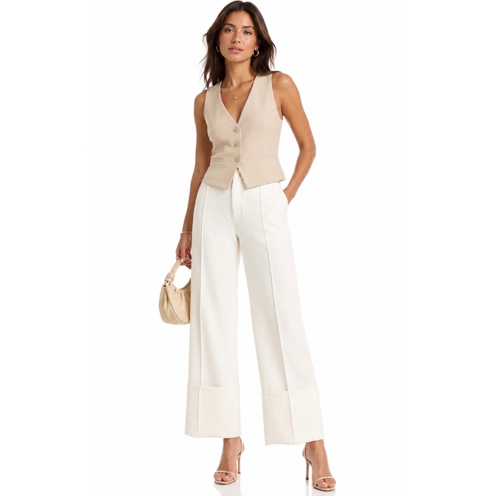 Cinq a Sept Wide Leg Cuffed Pants Ivory Womens Size 8 Designer Luxury Minimalist
